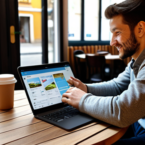 Home 11 Mobile Travel App**
A person is using a mobile phone to plan a vacation, showing a travel app interface with personalized recommendations. The scene takes place in a cozy cafe setting with a laptop and coffee on the table. The person is fully clothed in casual, comfortable attire. Safe for work, appropriate content, professional digital art, perfect anatomy, natural proportions, family-friendly.
**